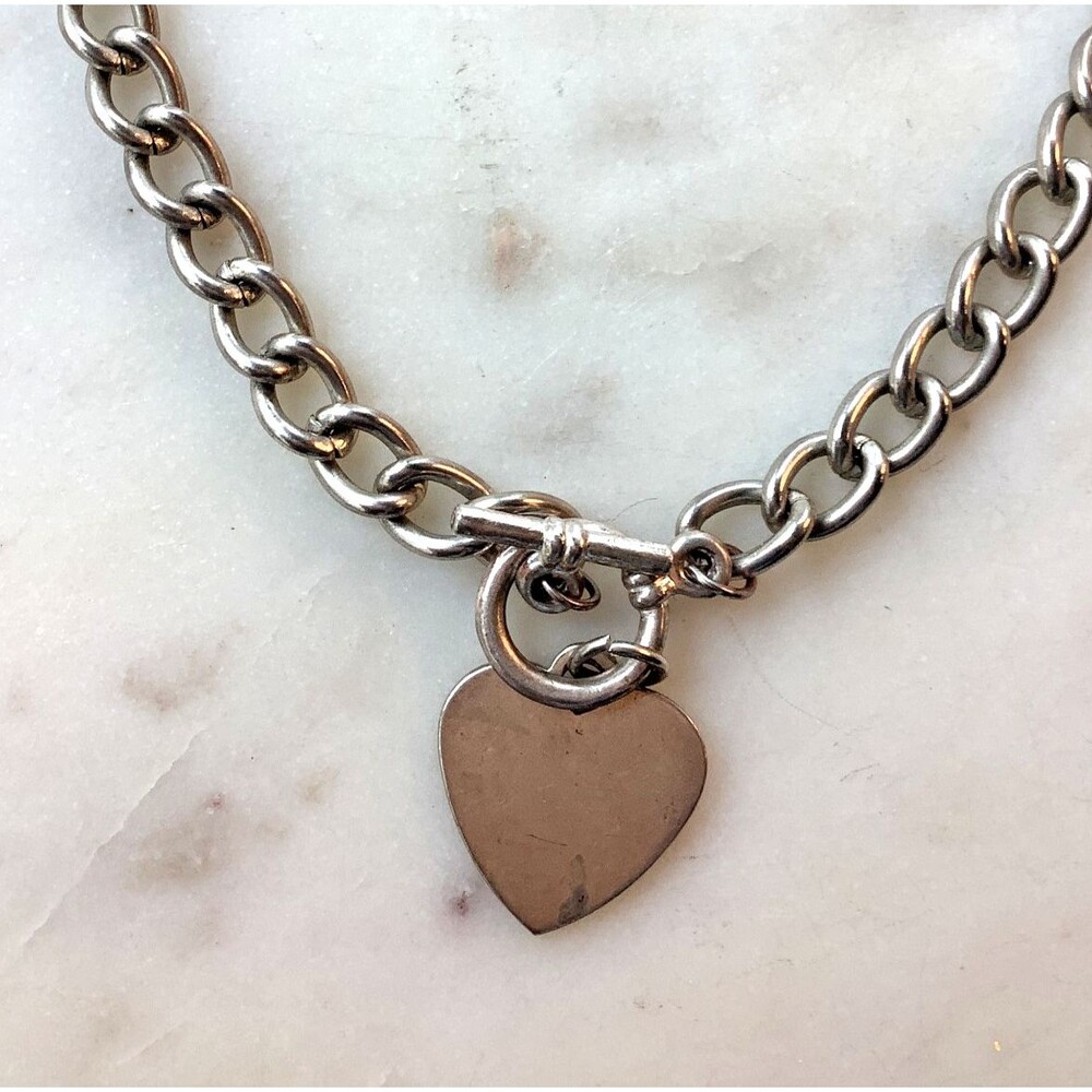 Heart Pendant Necklace Silver Tone Heavy Link Chain Charm Toggle Closure 16"